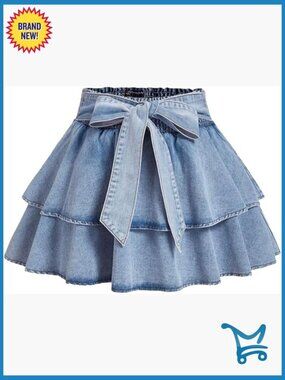 Plus Size Denim Mini Skirt Y2k Bow Tie Knot Ruffle Tiered Short Jean Skirt
